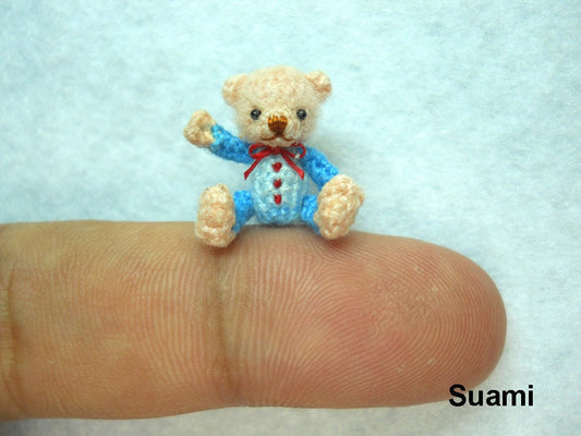 Cute Creme Bear Blue Dress Pink Bow - Micro Miniature Crocheted Teddy Bears - Made To Order