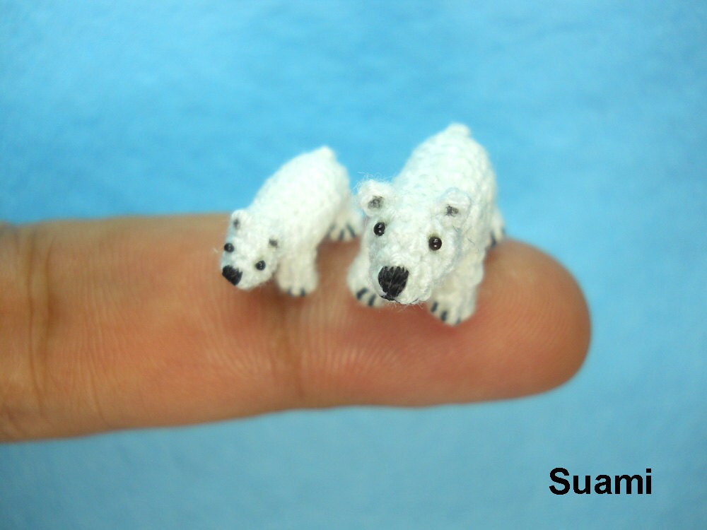 Micro Polar Bears  - Tiny Crochet Miniature White Bear - Set of Two Arctic Polar Bears - Made To Order