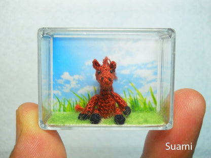 Miniature Chestnut Horse - Micro Dollhouse Miniature Thread Crochet Tiny Stuff Animal - Made To Order