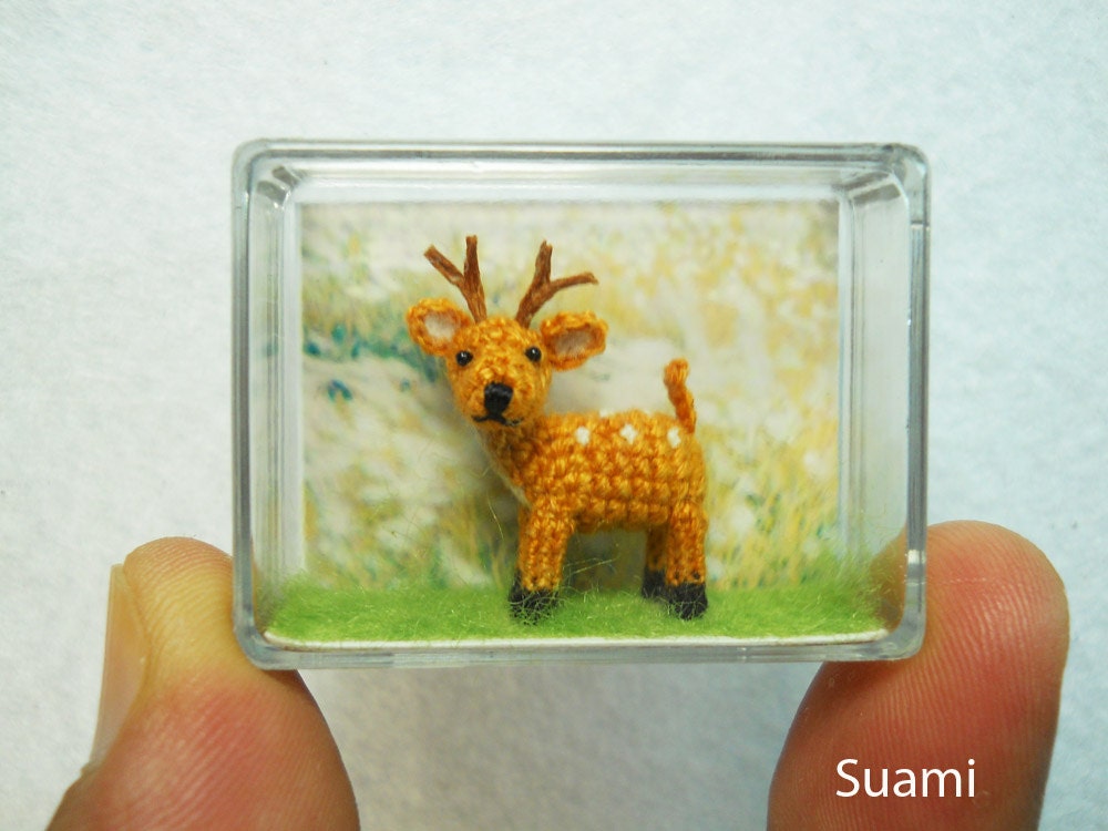 0.8 Inch Fawn Buck Deer Amigurumi - Micro Miniature Crochet Stuffed Animals - Made To Order