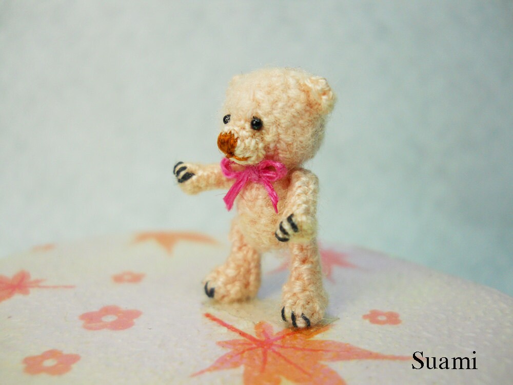 Miniature Creme Mohair Bear - Micro Crocheted  Bears 0.8 Inch Scale with Pink Bow - Made To Order