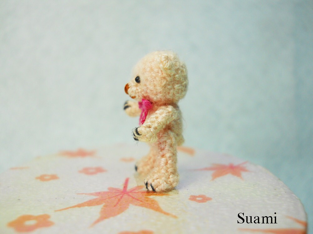 Miniature Creme Mohair Bear - Micro Crocheted  Bears 0.8 Inch Scale with Pink Bow - Made To Order