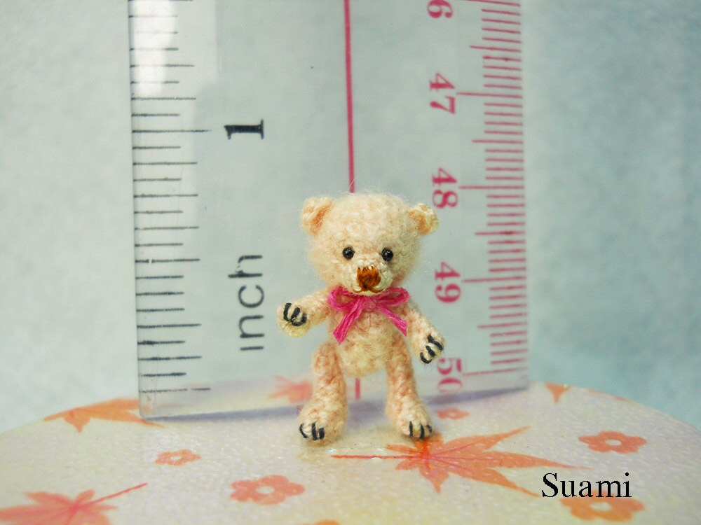 Miniature Creme Mohair Bear - Micro Crocheted  Bears 0.8 Inch Scale with Pink Bow - Made To Order