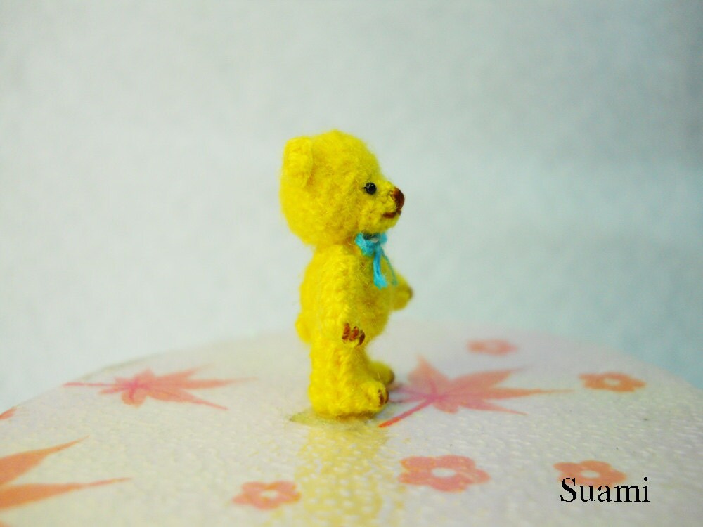 Miniature Mohair Bear 0.8 inch - Tiny Amigurumi Crochet Yellow Teddy Bear Blue Bow - Made To Order