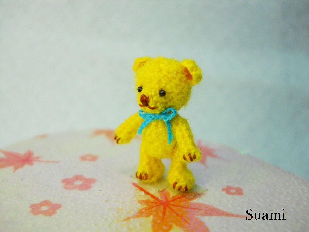 Miniature Mohair Bear 0.8 inch - Tiny Amigurumi Crochet Yellow Teddy Bear Blue Bow - Made To Order