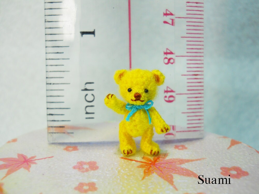 Miniature Mohair Bear 0.8 inch - Tiny Amigurumi Crochet Yellow Teddy Bear Blue Bow - Made To Order