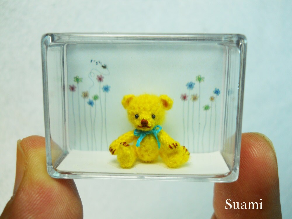 Miniature Mohair Bear 0.8 inch - Tiny Amigurumi Crochet Yellow Teddy Bear Blue Bow - Made To Order