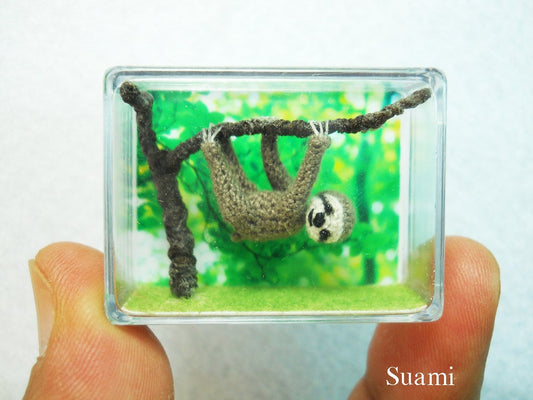Miniature Grey Sloth  - Micro Crochet Dollhouse Amigurumi Animals - Made To Order