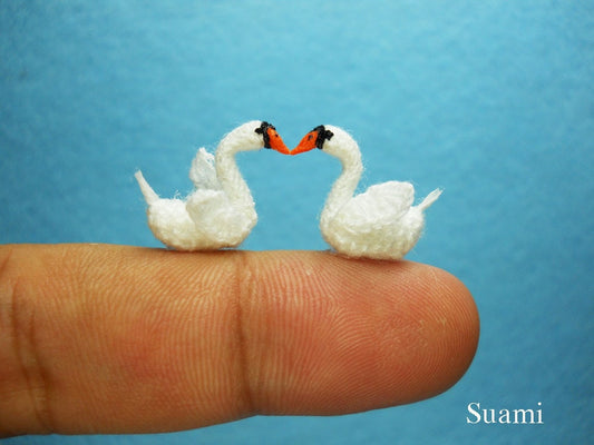 Swans In Love -  Micro Mini Crochet Swan Amigurumi Miniature Animals -  Made To Order