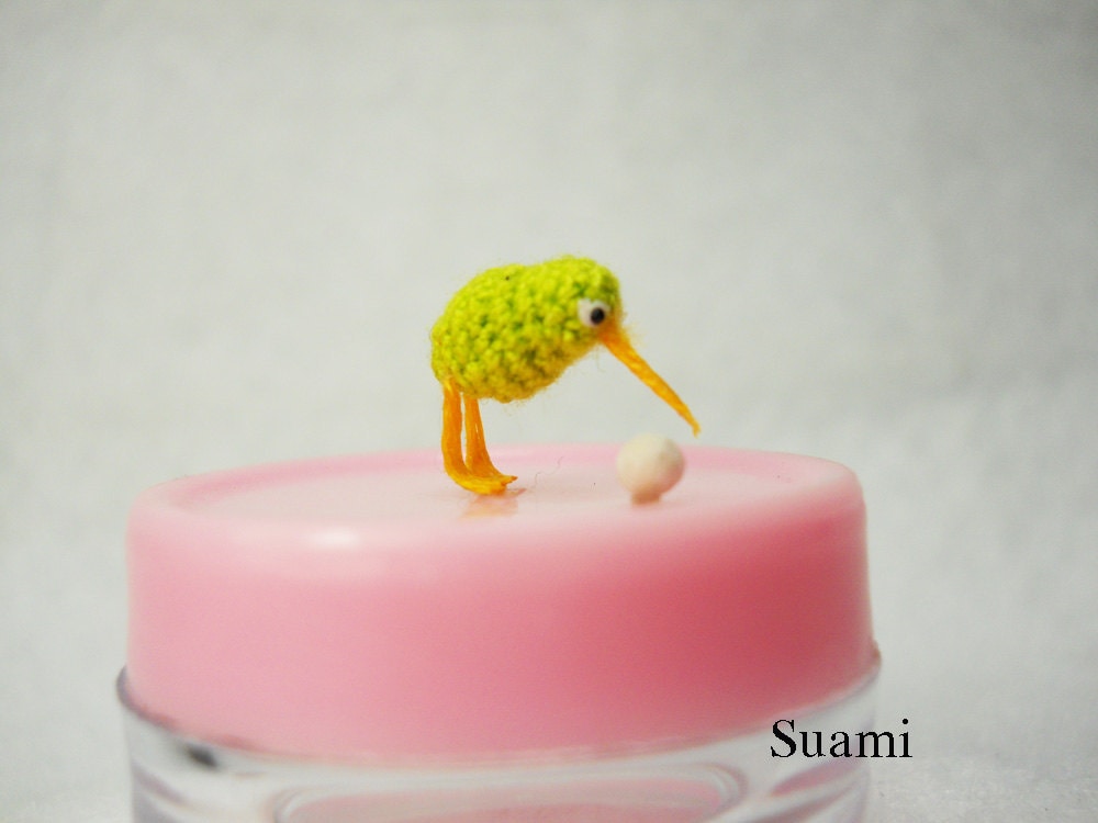 Tiny Green Kiwi With Egg -  Micro Crochet Miniature Kiwi Birds  - Made To Order