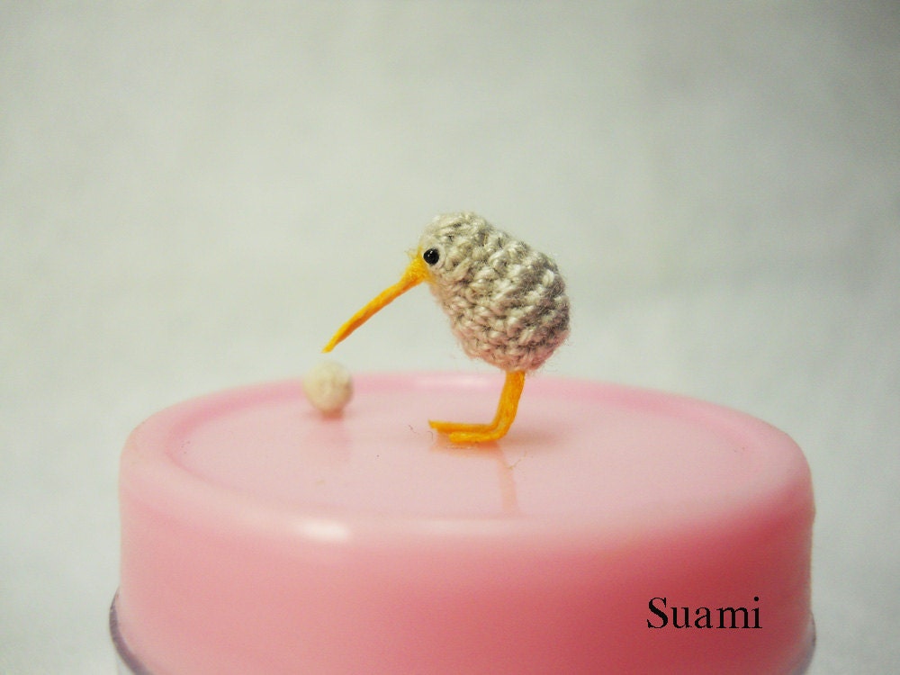 Micro Grey Kiwi With Egg -  Tiny  Crochet Miniature Kiwi Bird  - Made To Order