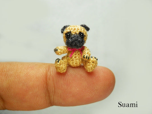 Micro Fawn Pug Dog Pink Bow - Tiny Dollhouse Miniature Pet - Made To Order