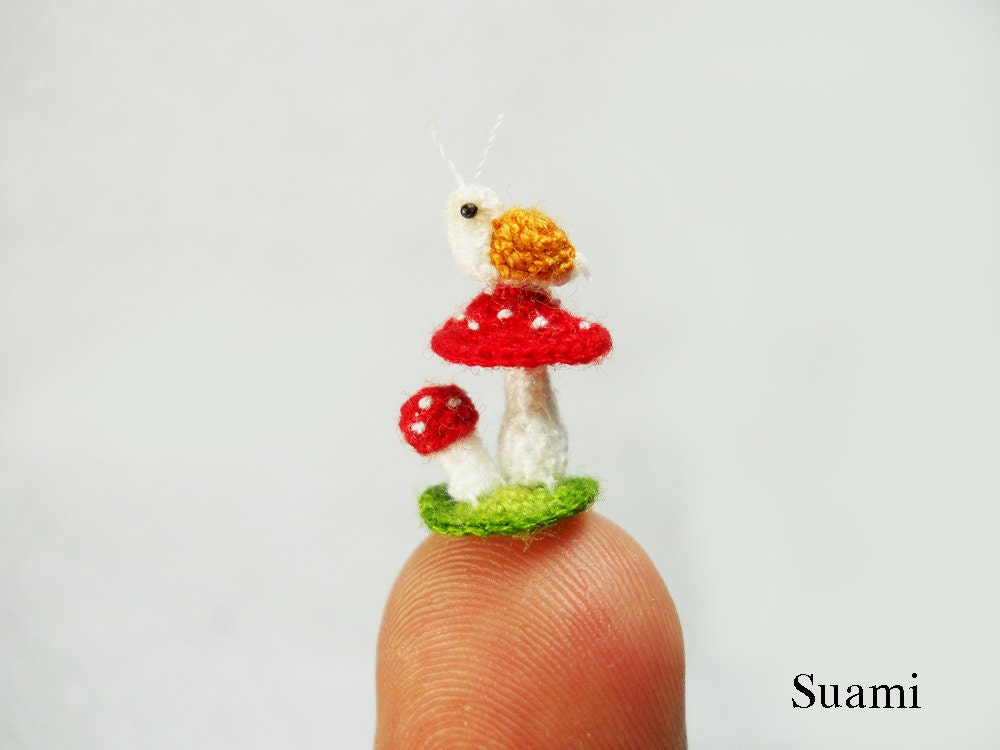 Snail and Mushroom - Micro Amigurumi Crochet Tiny Stuffed Animal - Made To Order