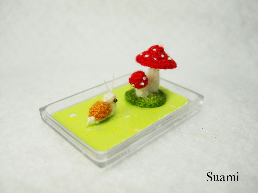 Snail and Mushroom - Micro Amigurumi Crochet Tiny Stuffed Animal - Made To Order