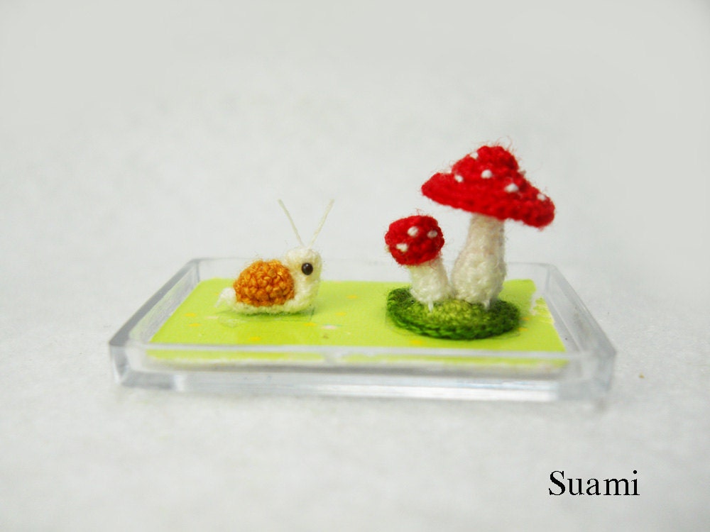 Snail and Mushroom - Micro Amigurumi Crochet Tiny Stuffed Animal - Made To Order