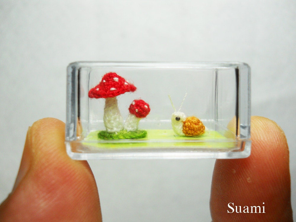 Snail and Mushroom - Micro Amigurumi Crochet Tiny Stuffed Animal - Made To Order