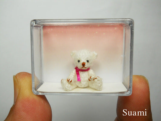 Teeny Tiny Teddy Bear 0.8 Inch - Crochet Mohair White Bear Pink  Scarf - Made To Order