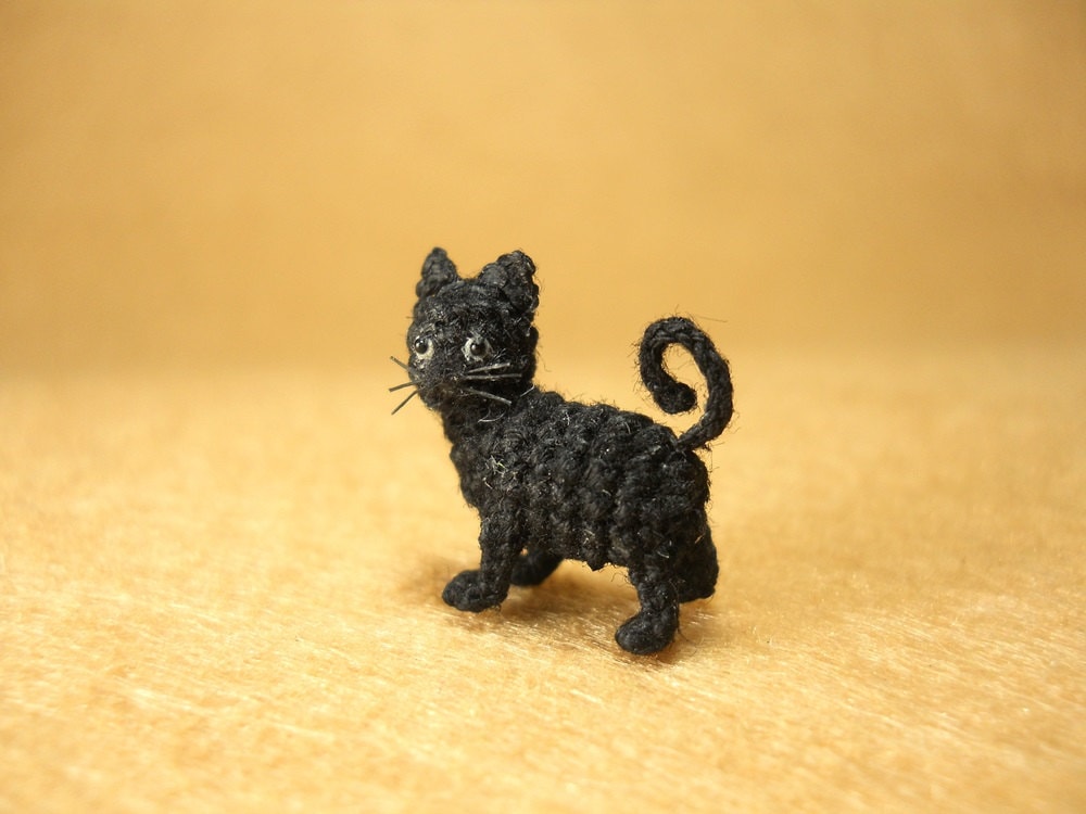 Miniature Black Cat 1/2 Inch - Micro Mini Amigurumi Crochet Cat Kitten - Made to Order