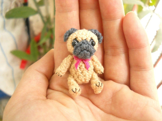 Mini Crochet Fawn Pug Dog  - Teeny Tiny Dollhouse Miniature Pet - Made To Order