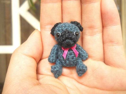 Mini Crochet Black Pug Dog - Teeny Tiny Dollhouse Miniature Pet - Made To Order