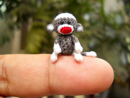 Tiny Sock Monkey 1 inch - Micro Amigurumi Crochet Miniature Sock Monkey Stuff Animal - Made To Order