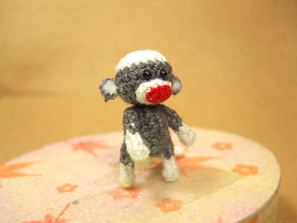 Tiny Sock Monkey 1 inch - Micro Amigurumi Crochet Miniature Sock Monkey Stuff Animal - Made To Order