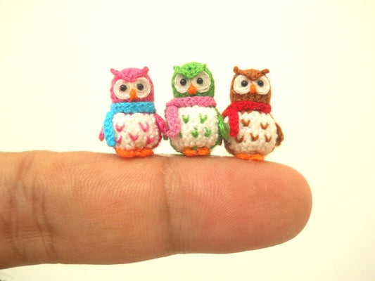 Three Micro Mini Owls - Tiny Amigurumi Crochet Miniature Owl Plush - Made To Order