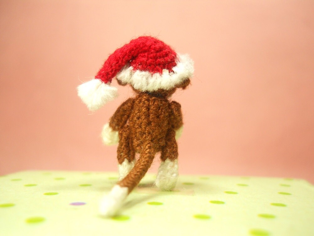Christmas Sock Monkey Doll - Mini Amigurumi Tiny Crochet Miniature Stuff Animal - Made To Order
