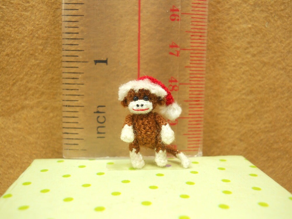 Christmas Sock Monkey Doll - Mini Amigurumi Tiny Crochet Miniature Stuff Animal - Made To Order