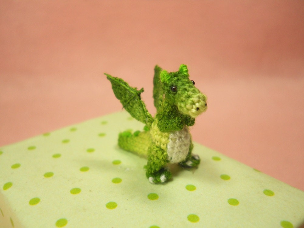 Green Dragon Winged - Tiny Crochet Miniature Dino Stuffed Animals - Made To Order