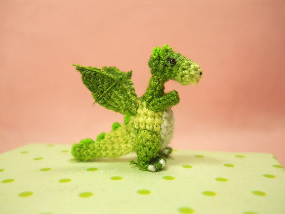 Green Dragon Winged - Tiny Crochet Miniature Dino Stuffed Animals - Made To Order