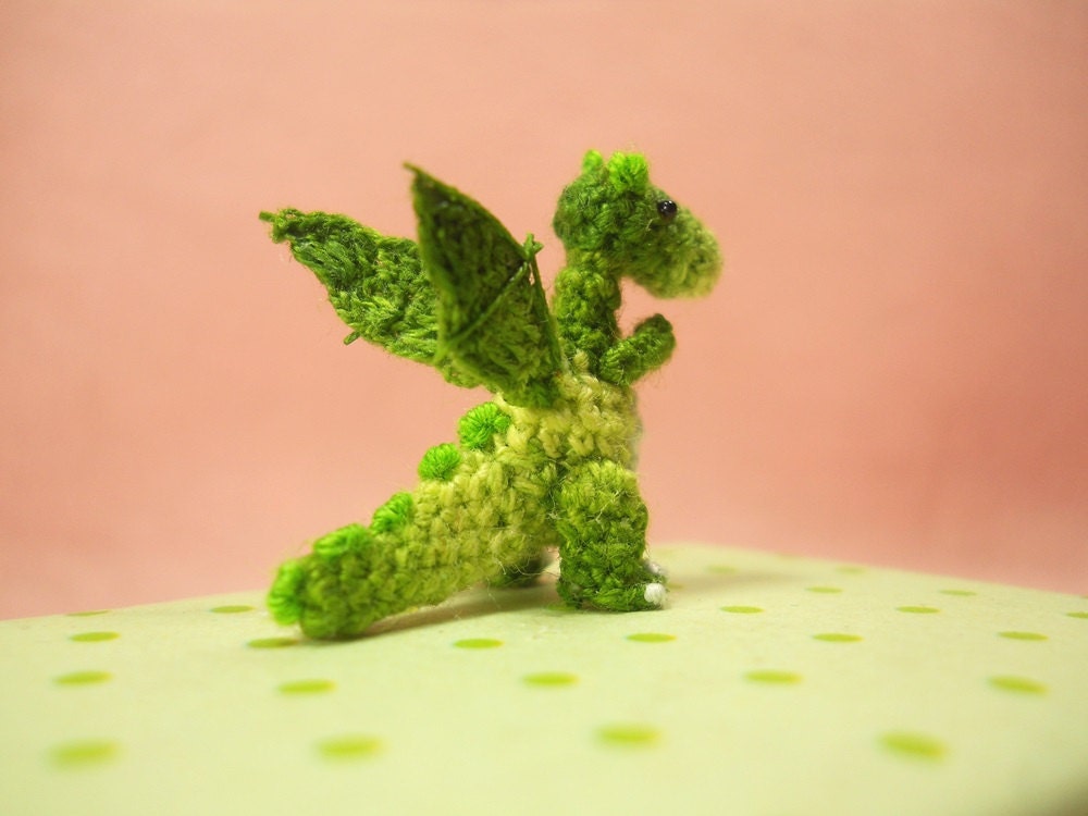 Green Dragon Winged - Tiny Crochet Miniature Dino Stuffed Animals - Made To Order