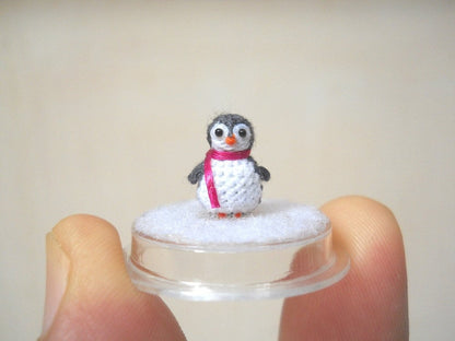 Micro Penguin in Dome - Dollhouse Miniature Crochet Tiny Stuffed Animal - Made To Order