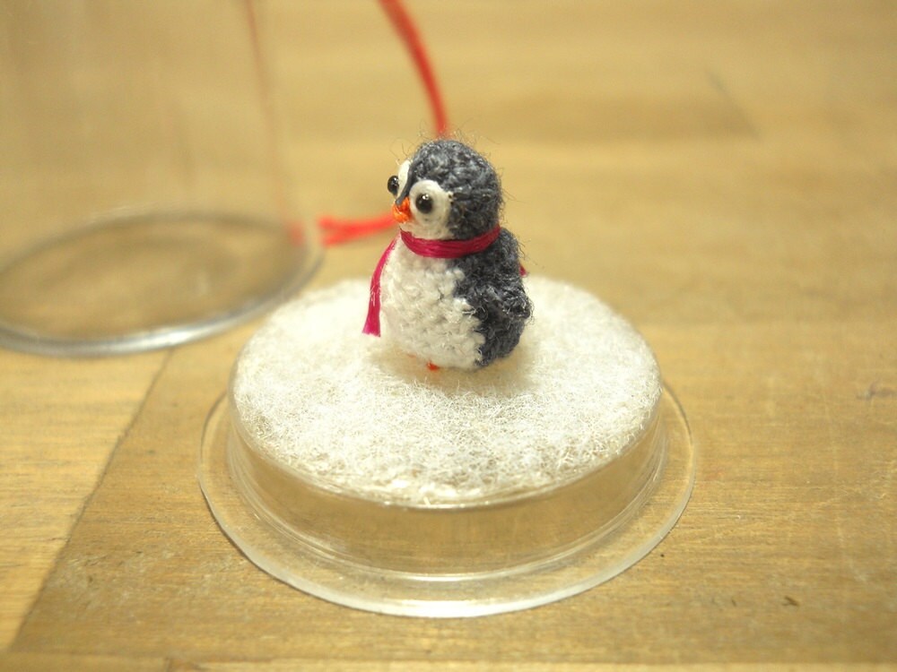 Micro Penguin in Dome - Dollhouse Miniature Crochet Tiny Stuffed Animal - Made To Order