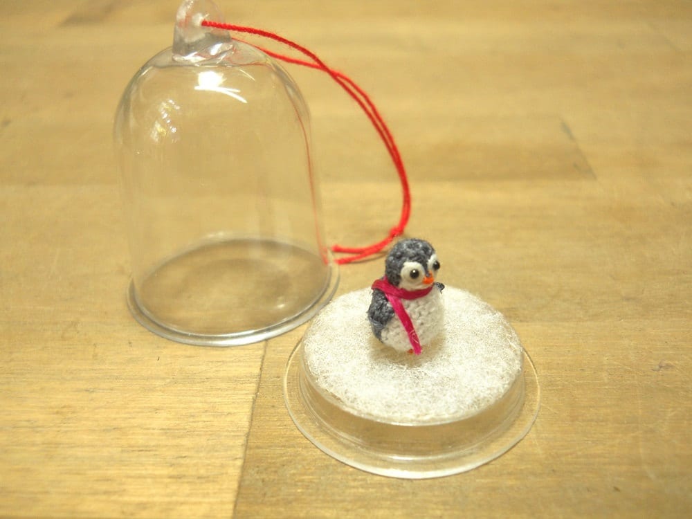 Micro Penguin in Dome - Dollhouse Miniature Crochet Tiny Stuffed Animal - Made To Order