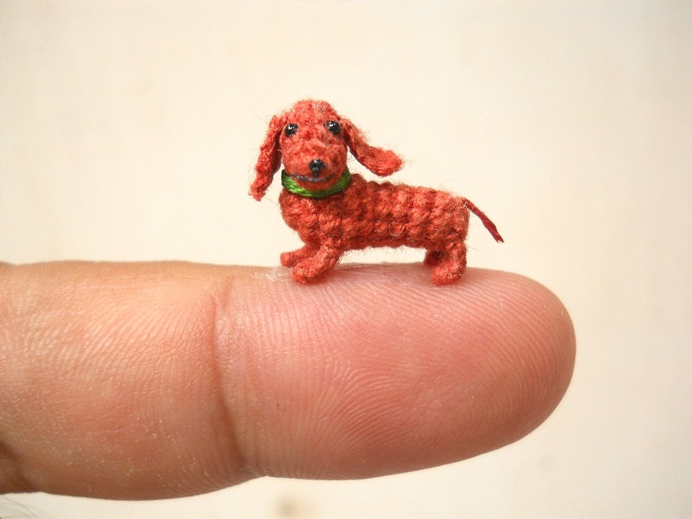 Miniature Dachshund Sausage Dog - Teeny Tiny Dollhouse Crochet Pet - Made To Order