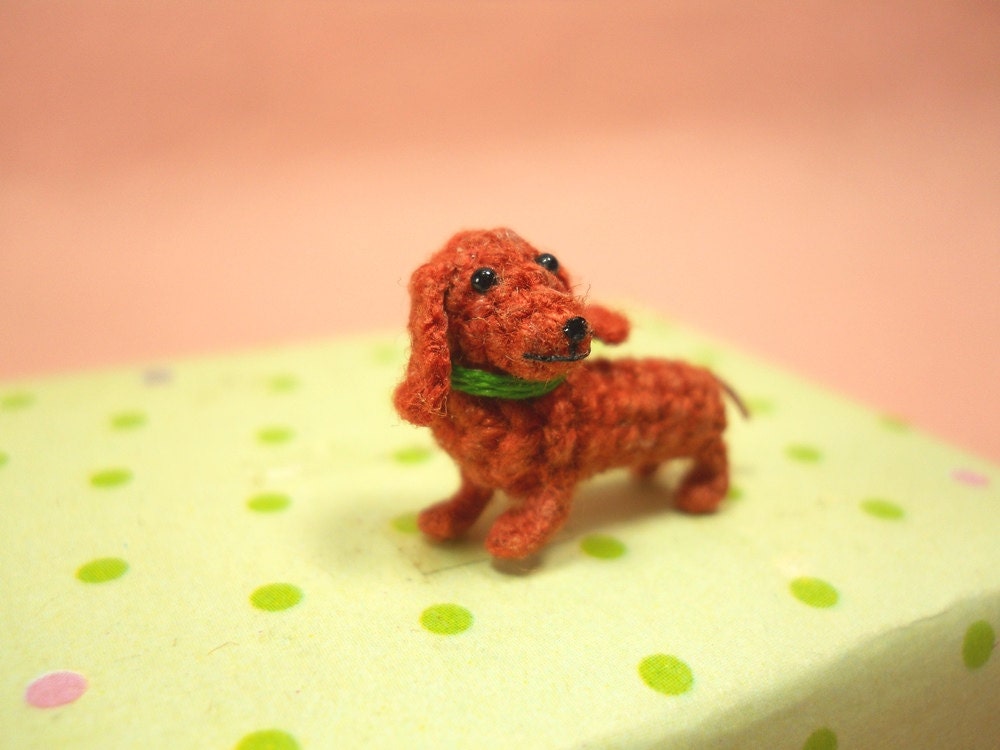 Miniature Dachshund Sausage Dog - Teeny Tiny Dollhouse Crochet Pet - Made To Order