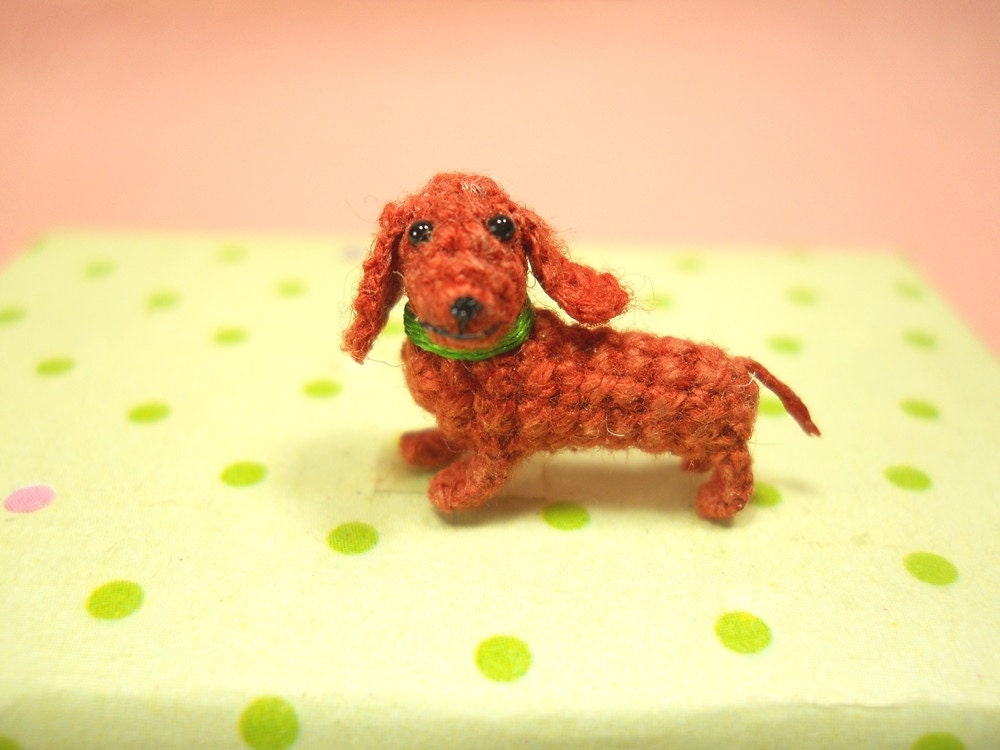 Miniature Dachshund Sausage Dog - Teeny Tiny Dollhouse Crochet Pet - Made To Order