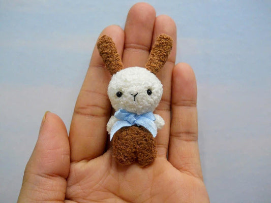 Mini White Brown Rabbit - Small Crocheted Rabbit,  Miniature Doll Bunny, Soft Bunny Doll - Made To Order