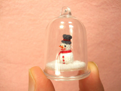 Micro Snowman in Dome Pendant - Miniature Crochet Amigurumi Tiny doll - Made To Order