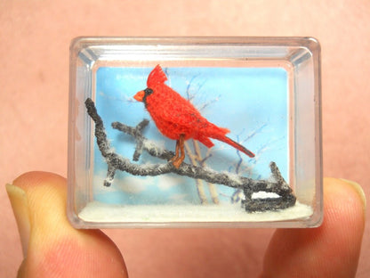 Cardinal in a Snowy Branch - Micro Amigurumi Miniature Crochet Bird Stuffed Animal - Made To Order