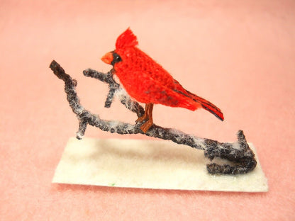 Cardinal in a Snowy Branch - Micro Amigurumi Miniature Crochet Bird Stuffed Animal - Made To Order