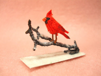 Cardinal in a Snowy Branch - Micro Amigurumi Miniature Crochet Bird Stuffed Animal - Made To Order