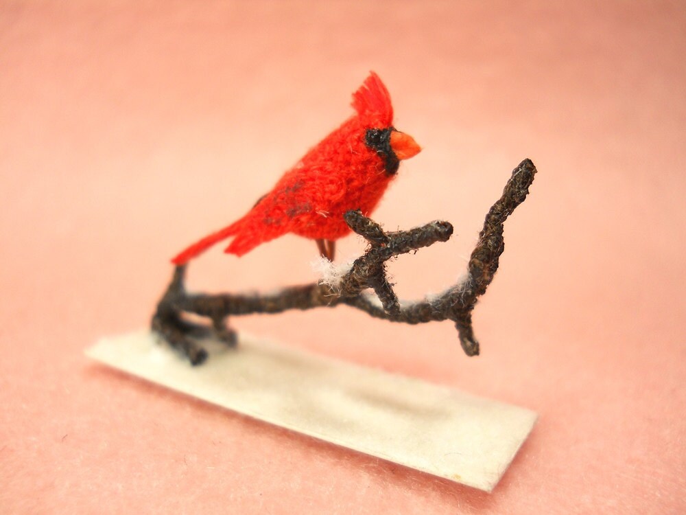 Cardinal in a Snowy Branch - Micro Amigurumi Miniature Crochet Bird Stuffed Animal - Made To Order