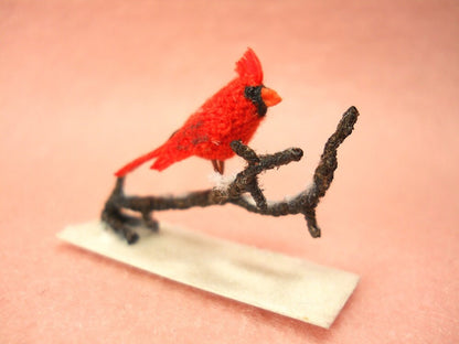 Cardinal in a Snowy Branch - Micro Amigurumi Miniature Crochet Bird Stuffed Animal - Made To Order