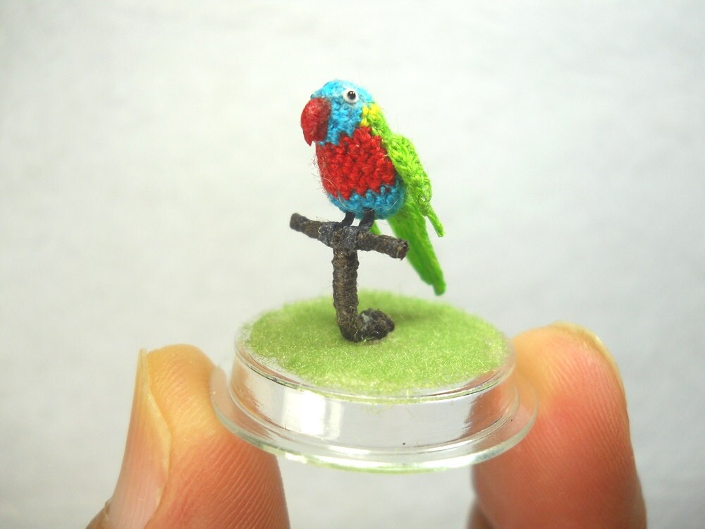 Mini Parrot in Dome - Red Green Blue - Micro Amigurumi Miniature Crochet Bird Stuffed Animal - Made To Order