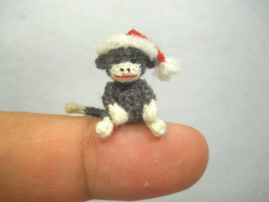 Mini Christmas Sock Monkey Doll - Amigurumi Tiny Crochet Miniature Stuffed Animal - Made To Order