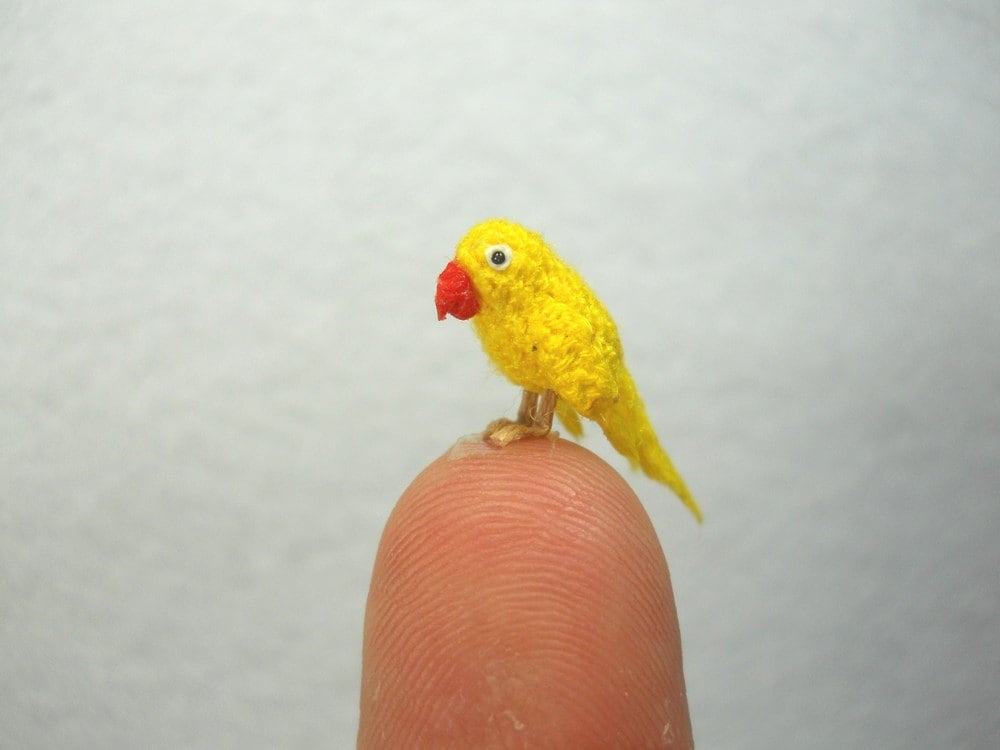 Yellow Parrot in Dome - Micro Amigurumi Miniature Crochet Bird Stuffed Animal - Made To Order