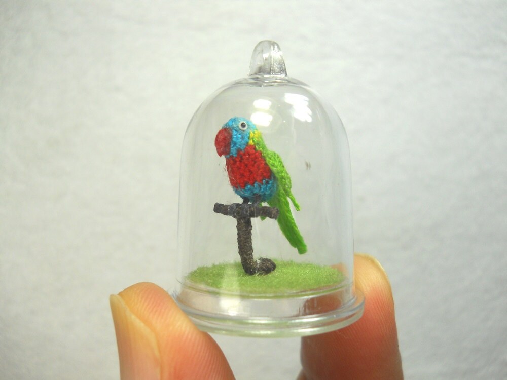 Mini Parrot in Dome - Red Green Blue - Micro Amigurumi Miniature Crochet Bird Stuffed Animal - Made To Order