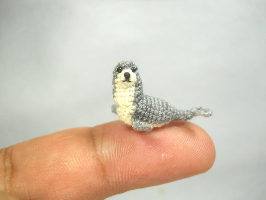 Grey White Seal - Miniature Crochet Pinniped Stuffed Animal - Made to Order